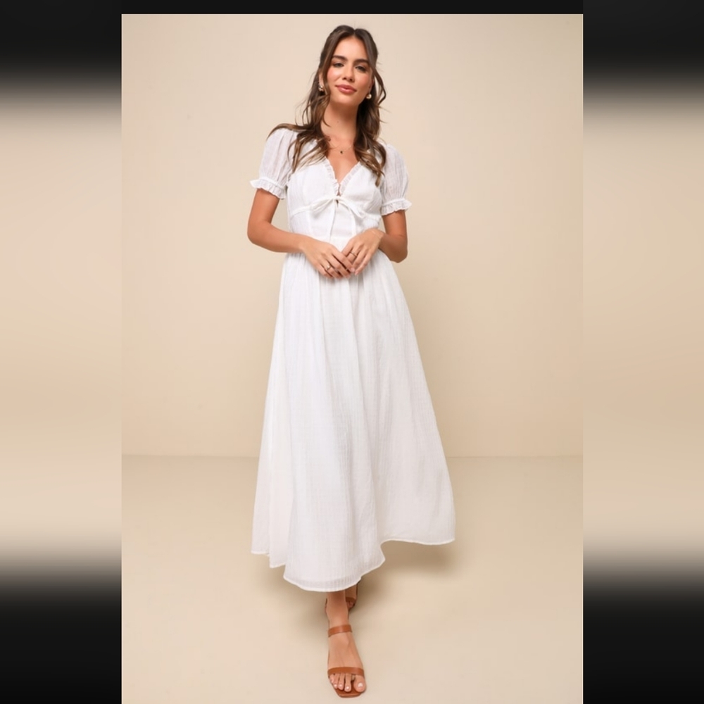 Angelic Expression Ivory Ruffled Puff Sleeve Backless Midi Dress NWT